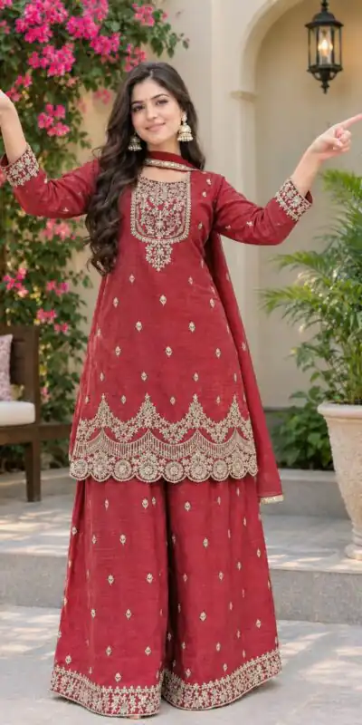 ND 5081 Red Crunchy Silk Salwar Suit with Embroidery Work. Wedding, Party, Festive, Events Best Price ₹2399. Delivery 4-6 Working Days. Shop now. | Jump Suits, Salwar suit, Casual Suits, Creative suits, Designer Suits, Palazzo Suits, Party Wear Suits, Patiala Suits, Straight Suits