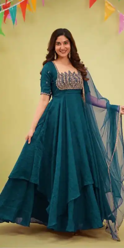 ST 1214 Teal Fendy Crush Gown with Embroidery Work & Sequins Work. Special Price ₹2449. Delivery 4-6 Working Days. Shop now. | Gowns, Bollywood Gowns, Creative Gowns, Designer Gowns, Embroidered Gowns, Party Wear Gowns