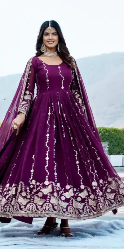 Ram 167 Wine Faux Georgette Gown with Mirror Work & Embroidery Work. Get it for ₹2349. Delivery 4-6 Working Days. Online Shop now. | Gowns, Bollywood Gowns, Creative Gowns, Designer Gowns, Embroidered Gowns, Party Wear Gowns