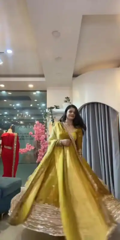 SR 1725 Yellow Faux Georgette Gown with Mirror Work & Embroidery Work. Get it for ₹2449. Delivery 4-6 Working Days. Online Shop now. | Gowns, Bollywood Gowns, Creative Gowns, Designer Gowns, Embroidered Gowns, Party Wear Gowns