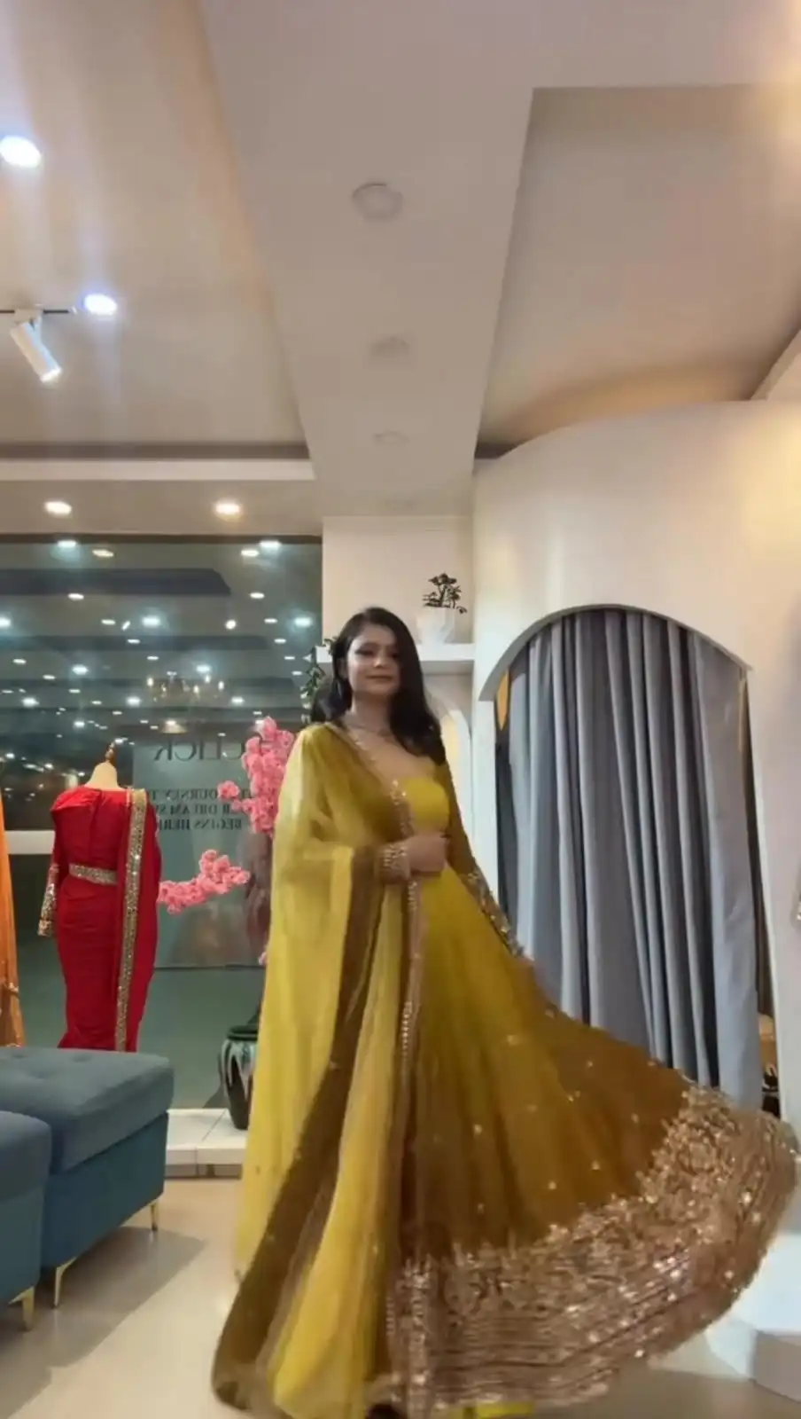 SR 1725 Yellow Faux Georgette Gown with Mirror Work & Embroidery Work. Get it for ₹2449. Delivery 4-6 Working Days. Online Shop now. | Gowns, Bollywood Gowns, Creative Gowns, Designer Gowns, Embroidered Gowns, Party Wear Gowns