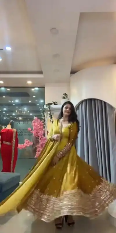 SR 1725 Yellow Faux Georgette Gown with Mirror Work & Embroidery Work. Get it for ₹2449. Delivery 4-6 Working Days. Online Shop now. | Gowns, Bollywood Gowns, Creative Gowns, Designer Gowns, Embroidered Gowns, Party Wear Gowns