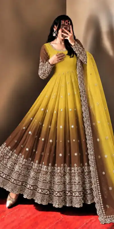 SR 1725 Yellow Faux Georgette Gown with Mirror Work & Embroidery Work. Get it for ₹2449. Delivery 4-6 Working Days. Online Shop now. | Gowns, Bollywood Gowns, Creative Gowns, Designer Gowns, Embroidered Gowns, Party Wear Gowns