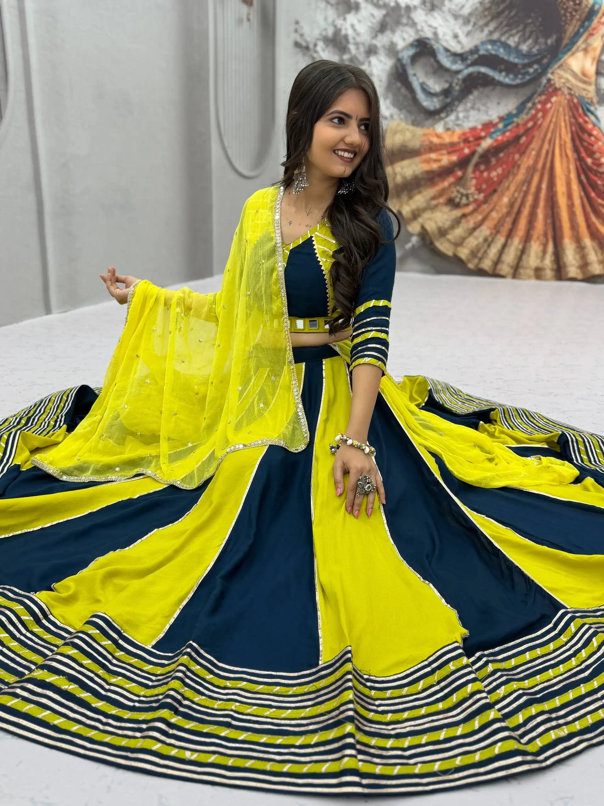 PC 589 Yellow in Pure Cotton Mirror Work & Gamthi Work Lehenga Choli . Exclusive Offer ₹2199. Delivery 4-6 Working Days. Shop now. | Lehenga, Bollywood Lehenga, Creative Lehenga, Designer Lehenga, Embroidered Lehenga, Party Wear Lehenga