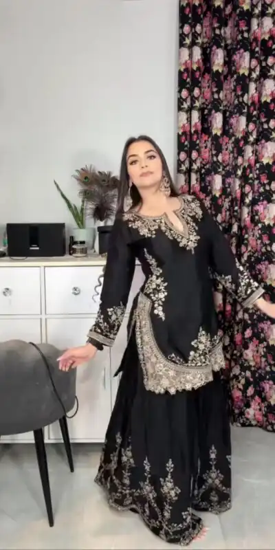 NF 1236 Black Chinon Silk Salwar Suit with Embroidery Work & Sequins Work. Get it for ₹2349. Delivery 4-6 Working Days. Shop now. | Jump Suits, Salwar suit, Casual Suits, Creative suits, Designer Suits, Palazzo Suits, Party Wear Suits, Patiala Suits, Straight Suits