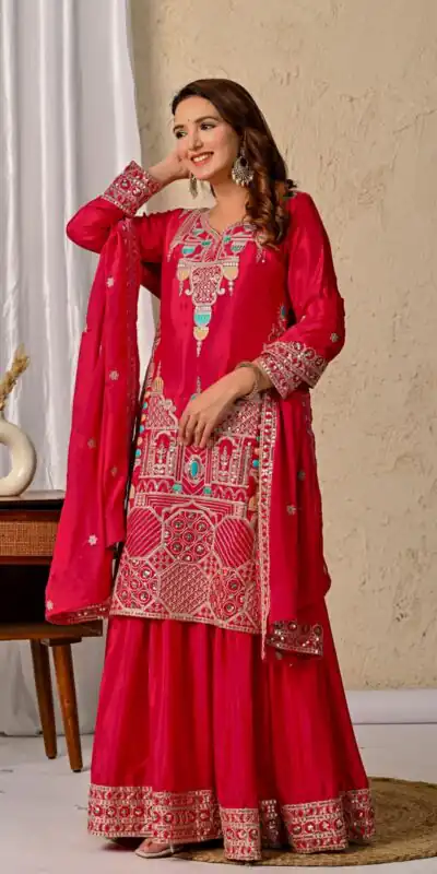 ND 5047 Red Chinon Silk Salwar Suit with Embroidery Work & Sequins Work. Get it for ₹2399. Delivery 4-6 Working Days. Shop now. | Jump Suits, Salwar suit, Casual Suits, Creative suits, Designer Suits, Palazzo Suits, Party Wear Suits, Patiala Suits, Straight Suits