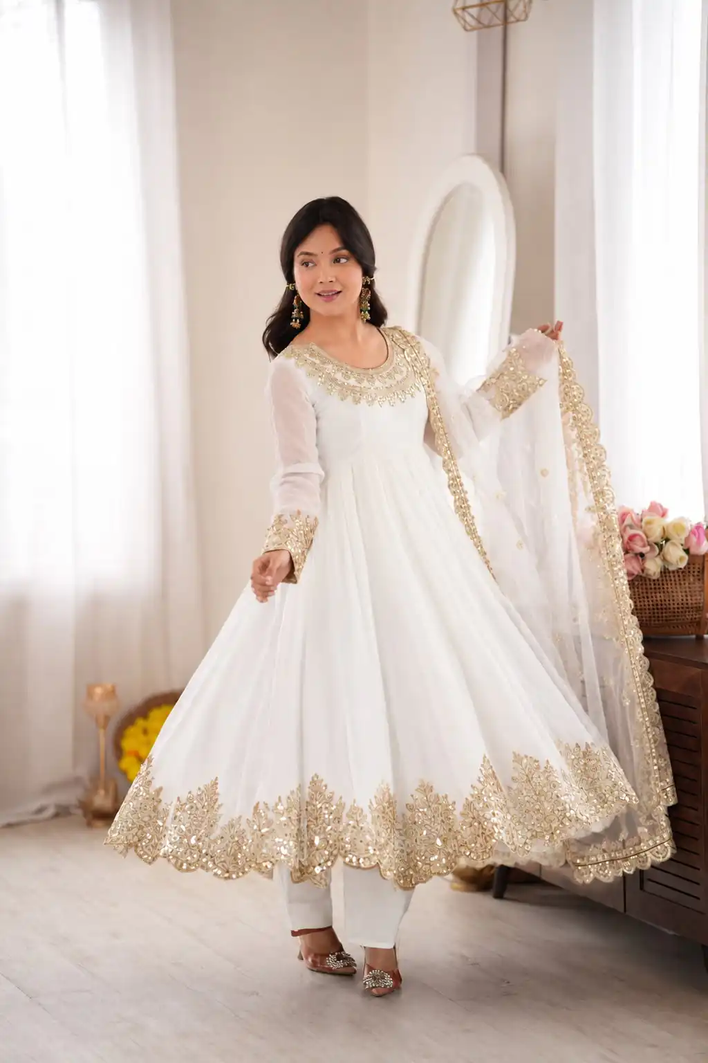 SR 1723 White Doremon Crush Gown with Lace Work & Mirror Work. Exclusive Offer ₹2449. Delivery 4-6 Working Days. Shop now. | Gowns, Bollywood Gowns, Creative Gowns, Designer Gowns, Embroidered Gowns, Party Wear Gowns