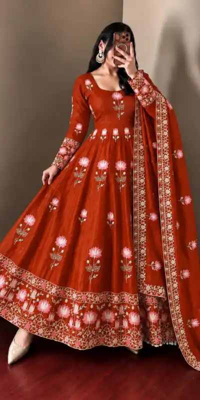 SR 1724 Rust Faux Georgette Gown with Mirror Work & Embroidery Work. Get it for ₹2799. Delivery 4-6 Working Days. Online Shop now. | Gowns, Bollywood Gowns, Creative Gowns, Designer Gowns, Embroidered Gowns, Party Wear Gowns