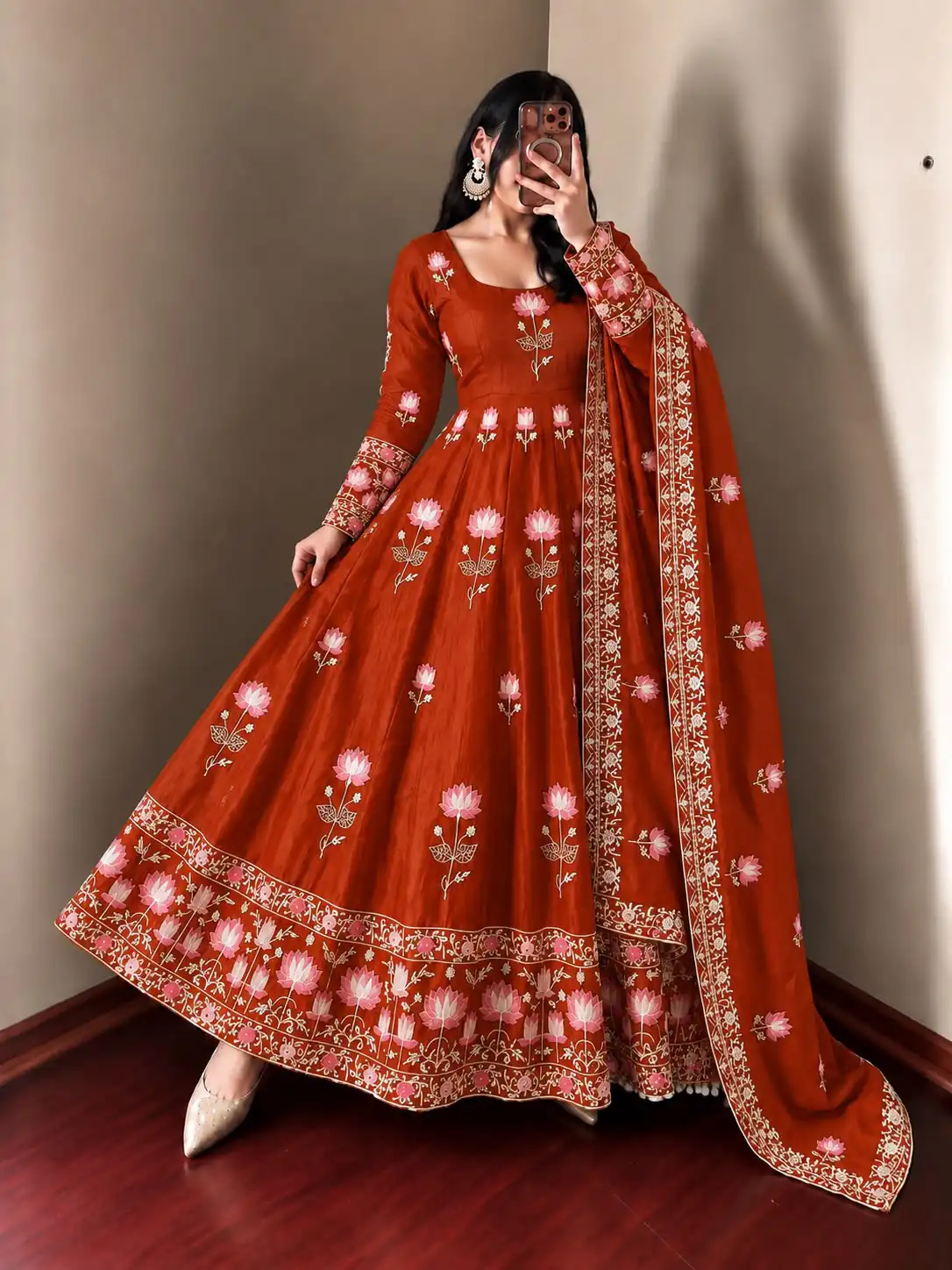 SR 1724 Rust Faux Georgette Gown with Mirror Work & Embroidery Work. Get it for ₹2799. Delivery 4-6 Working Days. Online Shop now. | Gowns, Bollywood Gowns, Creative Gowns, Designer Gowns, Embroidered Gowns, Party Wear Gowns