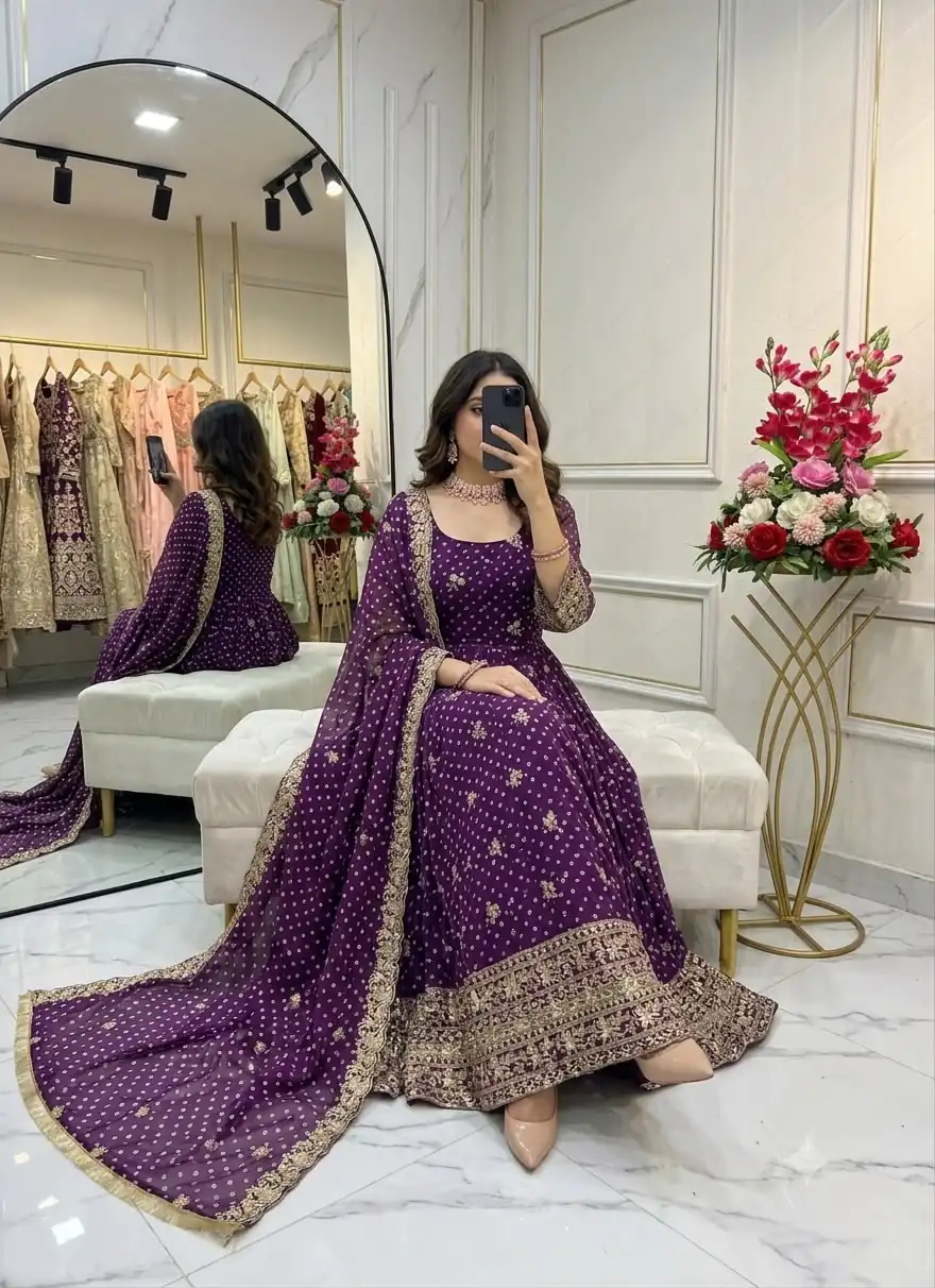 WW 1283 Wine in Colour Faux Georgette Bandhani Print Work Gown. Available at ₹2399 only. Delivery 4-6 Working Days. Shop now. | Gowns, Bollywood Gowns, Creative Gowns, Designer Gowns, Embroidered Gowns, Party Wear Gowns