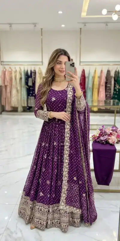 WW 1283 Wine in Colour Faux Georgette Bandhani Print Work Gown. Available at ₹2399 only. Delivery 4-6 Working Days. Shop now. | Gowns, Bollywood Gowns, Creative Gowns, Designer Gowns, Embroidered Gowns, Party Wear Gowns