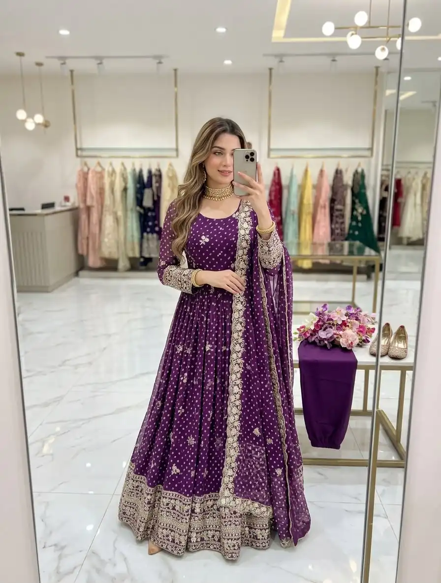 WW 1283 Wine in Colour Faux Georgette Bandhani Print Work Gown. Available at ₹2399 only. Delivery 4-6 Working Days. Shop now. | Gowns, Bollywood Gowns, Creative Gowns, Designer Gowns, Embroidered Gowns, Party Wear Gowns