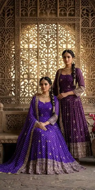 WW 1283 Wine in Colour Faux Georgette Bandhani Print Work Gown. Available at ₹2399 only. Delivery 4-6 Working Days. Shop now. | Gowns, Bollywood Gowns, Creative Gowns, Designer Gowns, Embroidered Gowns, Party Wear Gowns