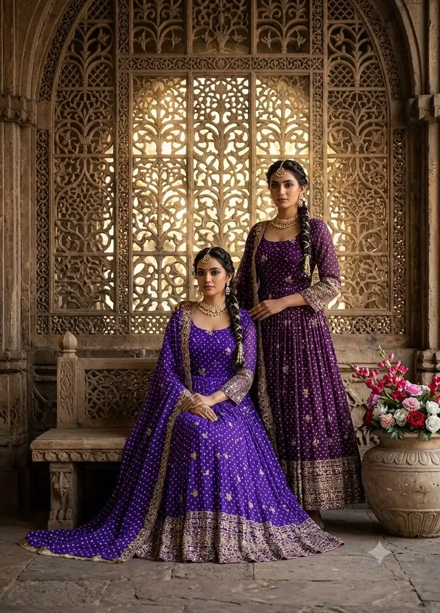 WW 1283 Wine in Colour Faux Georgette Bandhani Print Work Gown. Available at ₹2399 only. Delivery 4-6 Working Days. Shop now. | Gowns, Bollywood Gowns, Creative Gowns, Designer Gowns, Embroidered Gowns, Party Wear Gowns