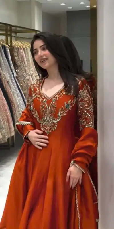 AD 252 Rust Roman Silk Gown with Mirror Work & Embroidery Work. Special Price ₹2999. Delivery 4-6 Working Days. Shop now. | Gowns, Bollywood Gowns, Creative Gowns, Designer Gowns, Embroidered Gowns, Party Wear Gowns