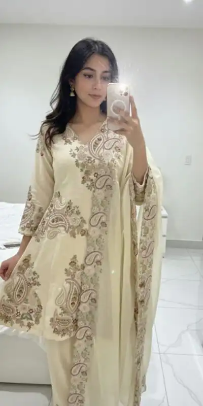 BE 449 Cream in Wine Fendy Silk Embroidery Work & Sequins Work Salwar Suit . Now at just ₹2449. Delivery 4-6 Working Days. Shop now. | Jump Suits, Salwar suit, Casual Suits, Creative suits, Designer Suits, Palazzo Suits, Party Wear Suits, Patiala Suits, Straight Suits