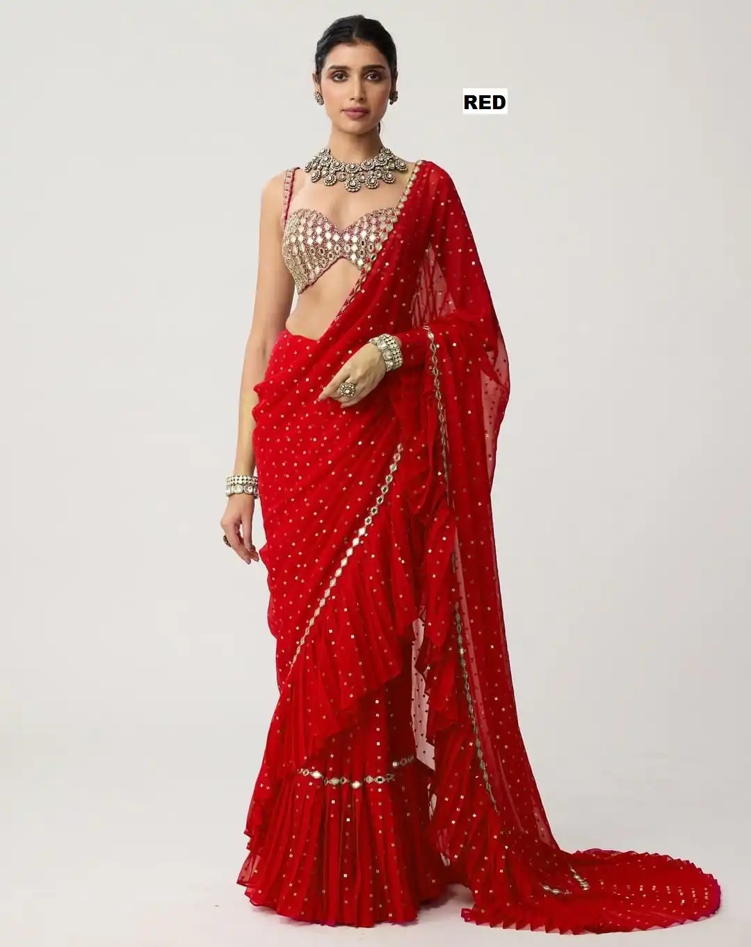 DF 3455 Red Color Faux Georgette Embroidery Sequins Work Saree Casual, Wedding, Festive, Events . Expected Delivery 4-6 Working Days @2199/- only | Sarees, Bollywood Sarees, Creative Sarees, Designer Sarees, Embroidered Sarees, Ethnic Saree, Modern Digital sarees, Party Wear Sarees