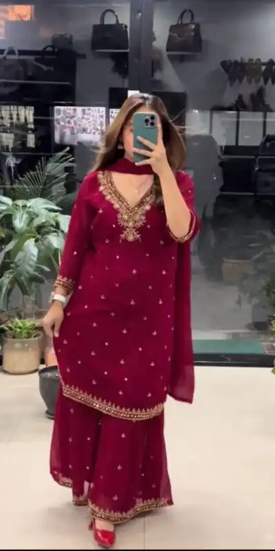 DB 21 Maroon Faux Georgette Salwar Suit with Mirror Work & Embroidery Work. Get it for ₹2049. Delivery 4-6 Working Days. Shop now. | Jump Suits, Salwar suit, Casual Suits, Creative suits, Designer Suits, Palazzo Suits, Party Wear Suits, Patiala Suits, Straight Suits