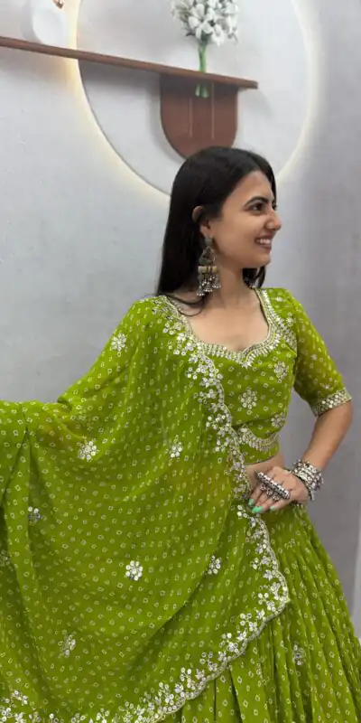 PC 602 Parrot Green Faux Georgette Lehenga Choli with Embroidery Work & Lace Work. Special Price ₹3149. Delivery 4-6 Working Days. Shop now. | Lehenga, Bollywood Lehenga, Creative Lehenga, Designer Lehenga, Embroidered Lehenga, Party Wear Lehenga