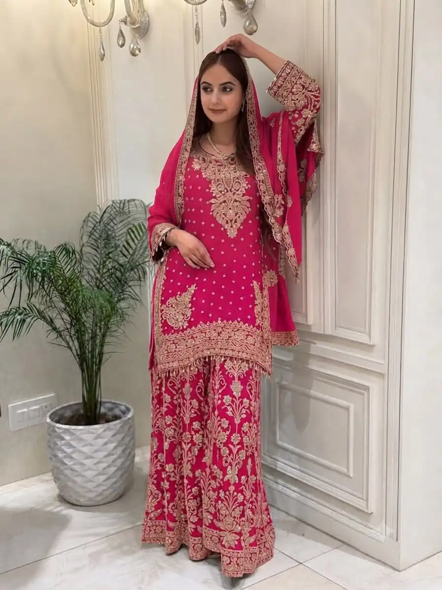 KF 1733 Pink Faux Georgette Salwar Suit with Mirror Work & Embroidery Work. Get it for ₹2849. Delivery 4-6 Working Days. Shop now. | Jump Suits, Salwar suit, Casual Suits, Creative suits, Designer Suits, Palazzo Suits, Party Wear Suits, Patiala Suits, Straight Suits