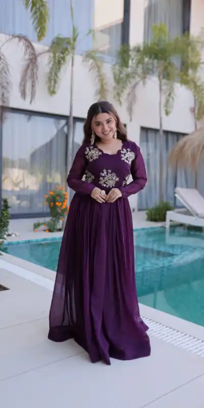 KA 1222 Purple Silver Crunchy Gown Perfect for Wedding, Party, Durga Puja, Ganesh Chaturthi, Family Gatherings – n. Festive Deal ₹1969. Delivery 4-6 Worki | Gowns, Bollywood Gowns, Creative Gowns, Designer Gowns, Embroidered Gowns, Party Wear Gowns