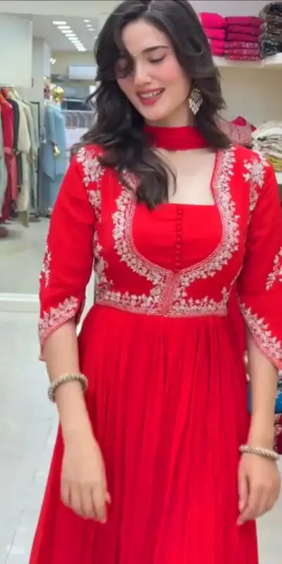 RTC 6087 Red Faux Georgette Salwar Suit with Lace Work & Digital Print. Introductory Price ₹2199. Delivery 4-6 Working Days. Shop now. | Anarkali Suits, Bollywood Anarkali, Creative-Anarkali, Designer Anarkali, Embroidered Anarkali, Party Wear Anarkali