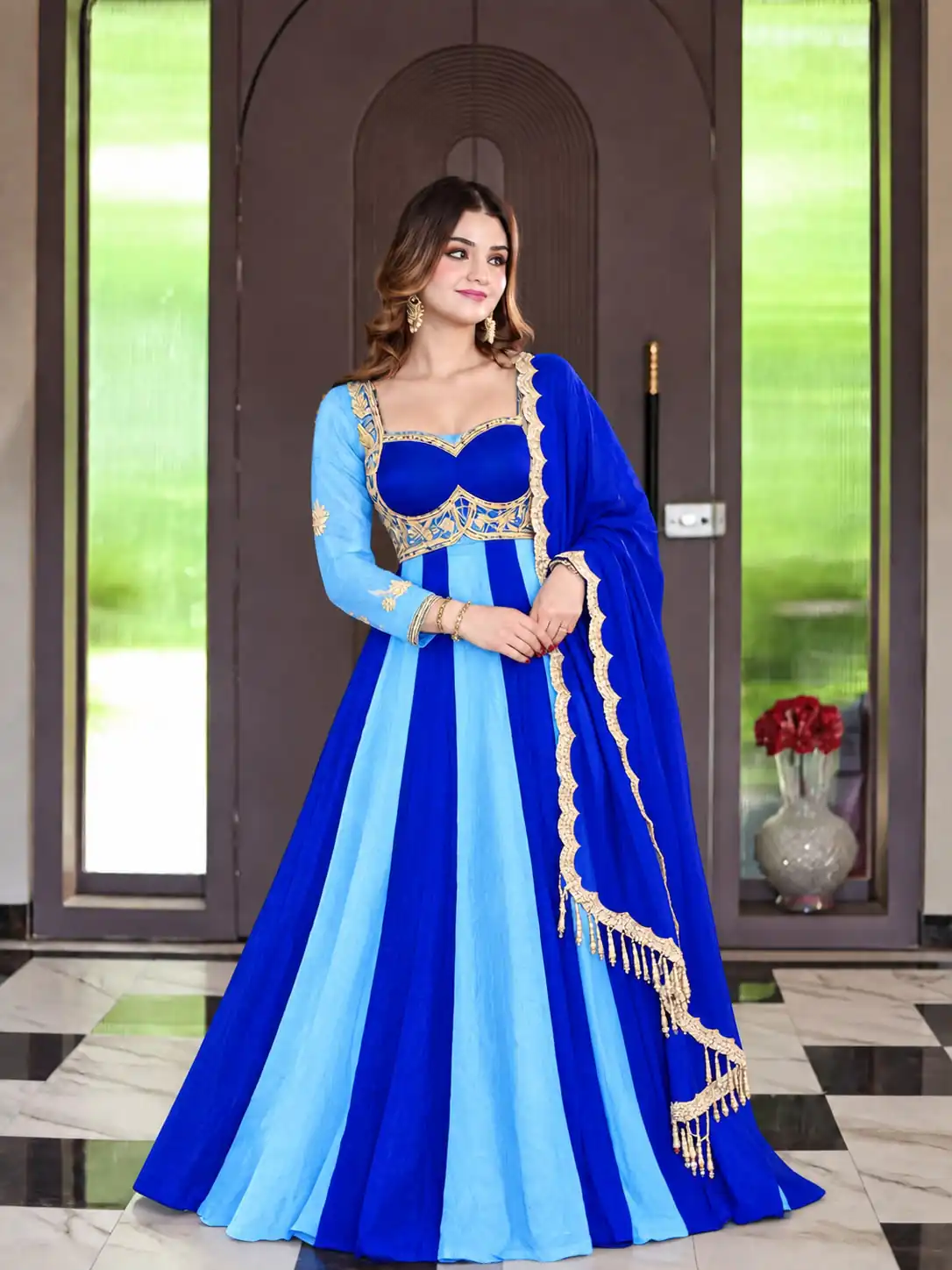 ND 5072 Blue Fendy Silk Gown with Embroidery Work & Sequins Work. Special Price ₹2849. Delivery 4-6 Working Days. Shop now. | Gowns, Bollywood Gowns, Creative Gowns, Designer Gowns, Embroidered Gowns, Party Wear Gowns