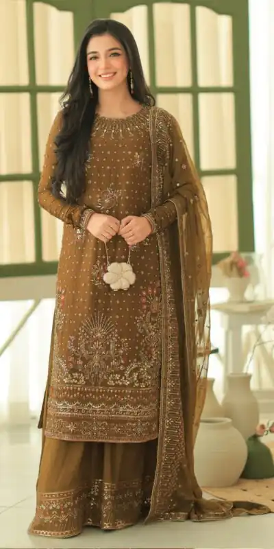 LG 2159 Brown Faux Georgette Salwar Suit with Lace Work & Digital Print. Introductory Price ₹2399. Delivery 4-6 Working Days. Shop now. | Jump Suits, Salwar suit, Casual Suits, Creative suits, Designer Suits, Palazzo Suits, Party Wear Suits, Patiala Suits, Straight Suits