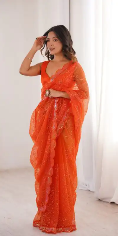 SP 90 Orange Soft Net Saree with Sequins Work & Embroidery Work. Available at ₹2299 only. Delivery 4-6 Working Days. Shop now. | Sarees, Bollywood Sarees, Creative Sarees, Designer Sarees, Embroidered Sarees, Ethnic Saree, Modern Digital sarees, Party Wear Sarees
