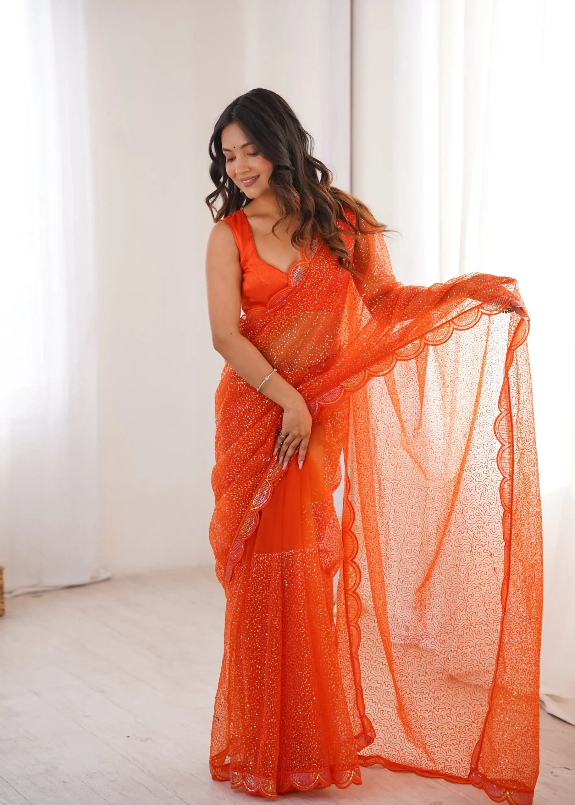 SP 90 Orange Soft Net Saree with Sequins Work & Embroidery Work. Available at ₹2299 only. Delivery 4-6 Working Days. Shop now. | Sarees, Bollywood Sarees, Creative Sarees, Designer Sarees, Embroidered Sarees, Ethnic Saree, Modern Digital sarees, Party Wear Sarees