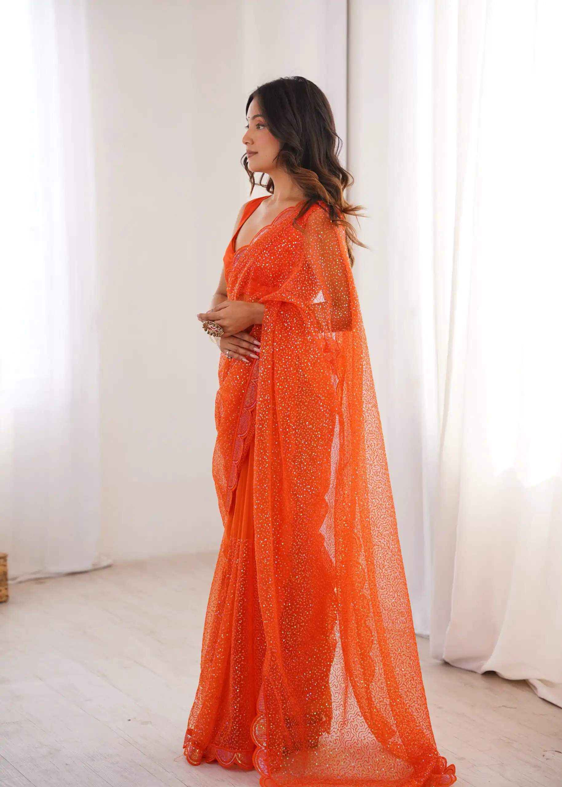 SP 90 Orange Soft Net Saree with Sequins Work & Embroidery Work. Available at ₹2299 only. Delivery 4-6 Working Days. Shop now. | Sarees, Bollywood Sarees, Creative Sarees, Designer Sarees, Embroidered Sarees, Ethnic Saree, Modern Digital sarees, Party Wear Sarees