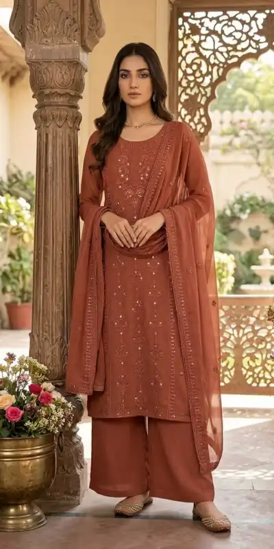 BE 519 Rust Faux Georgette Salwar Suit with Lace Work & Digital Print. Introductory Price ₹2149. Delivery 4-6 Working Days. Shop now. | Jump Suits, Salwar suit, Casual Suits, Creative suits, Designer Suits, Palazzo Suits, Party Wear Suits, Patiala Suits, Straight Suits