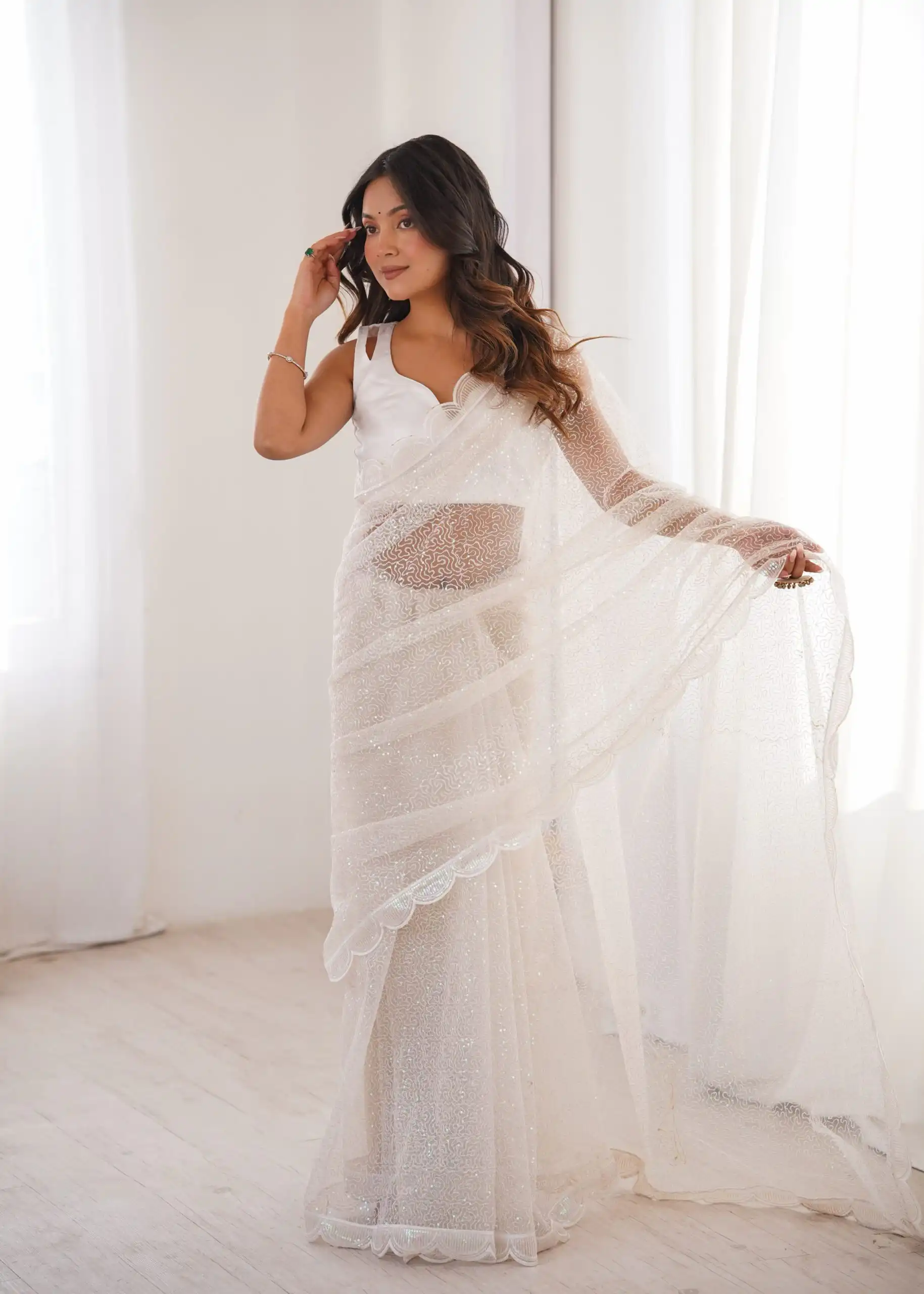 SP 90 White Soft Net Saree with Sequins Work & Embroidery Work. Available at ₹2299 only. Delivery 4-6 Working Days. Shop now. | Sarees, Bollywood Sarees, Creative Sarees, Designer Sarees, Embroidered Sarees, Ethnic Saree, Modern Digital sarees, Party Wear Sarees