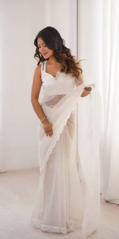 SP 90 White Soft Net Saree with Sequins Work & Embroidery Work. Available at ₹2299 only. Delivery 4-6 Working Days. Shop now. | Sarees, Bollywood Sarees, Creative Sarees, Designer Sarees, Embroidered Sarees, Ethnic Saree, Modern Digital sarees, Party Wear Sarees