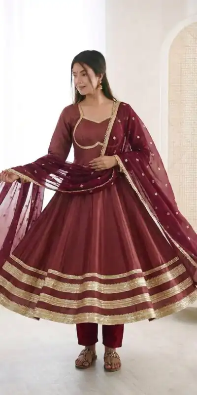 ZF 5017 Maroon Color Cosmos Gold Gown with Embroidery Work & Lace Work. Get it for ₹2099. Delivery 4-6 Working Days. Shop now. | Gowns, Bollywood Gowns, Creative Gowns, Designer Gowns, Embroidered Gowns, Party Wear Gowns