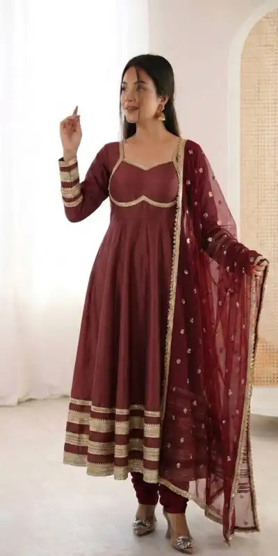 ZF 5017 Maroon Color Cosmos Gold Gown with Embroidery Work & Lace Work. Get it for ₹2099. Delivery 4-6 Working Days. Shop now. | Gowns, Bollywood Gowns, Creative Gowns, Designer Gowns, Embroidered Gowns, Party Wear Gowns