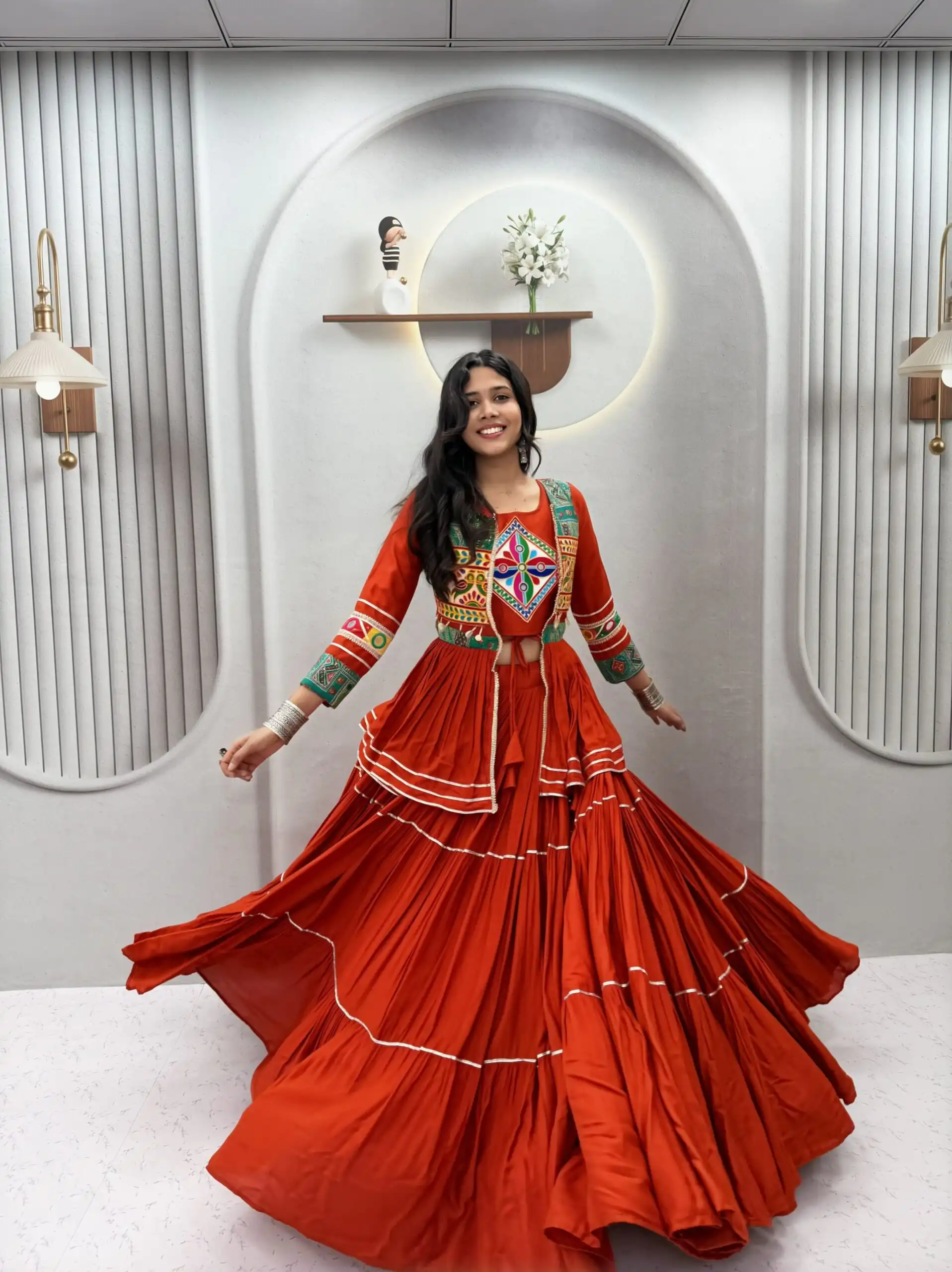 Ram 120 Orange in Pure Cotton Mirror Work & Gamthi Work Lehenga Choli . Exclusive Offer ₹3049. Delivery 4-6 Working Days. Shop now. | Lehenga, Bollywood Lehenga, Creative Lehenga, Designer Lehenga, Embroidered Lehenga, Party Wear Lehenga