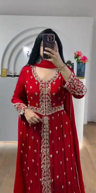 PC 568 Red Faux Georgette Gown with Mirror Work & Embroidery Work. Get it for ₹1999. Delivery 4-6 Working Days. Online Shop now. | Gowns, Bollywood Gowns, Creative Gowns, Designer Gowns, Embroidered Gowns, Party Wear Gowns