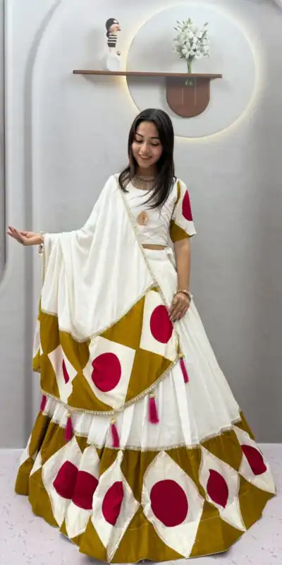 Ram 194 White in Pure Cotton Mirror Work & Gamthi Work Lehenga Choli . Exclusive Offer ₹3149. Delivery 4-6 Working Days. Shop now. | Lehenga, Bollywood Lehenga, Creative Lehenga, Designer Lehenga, Embroidered Lehenga, Party Wear Lehenga