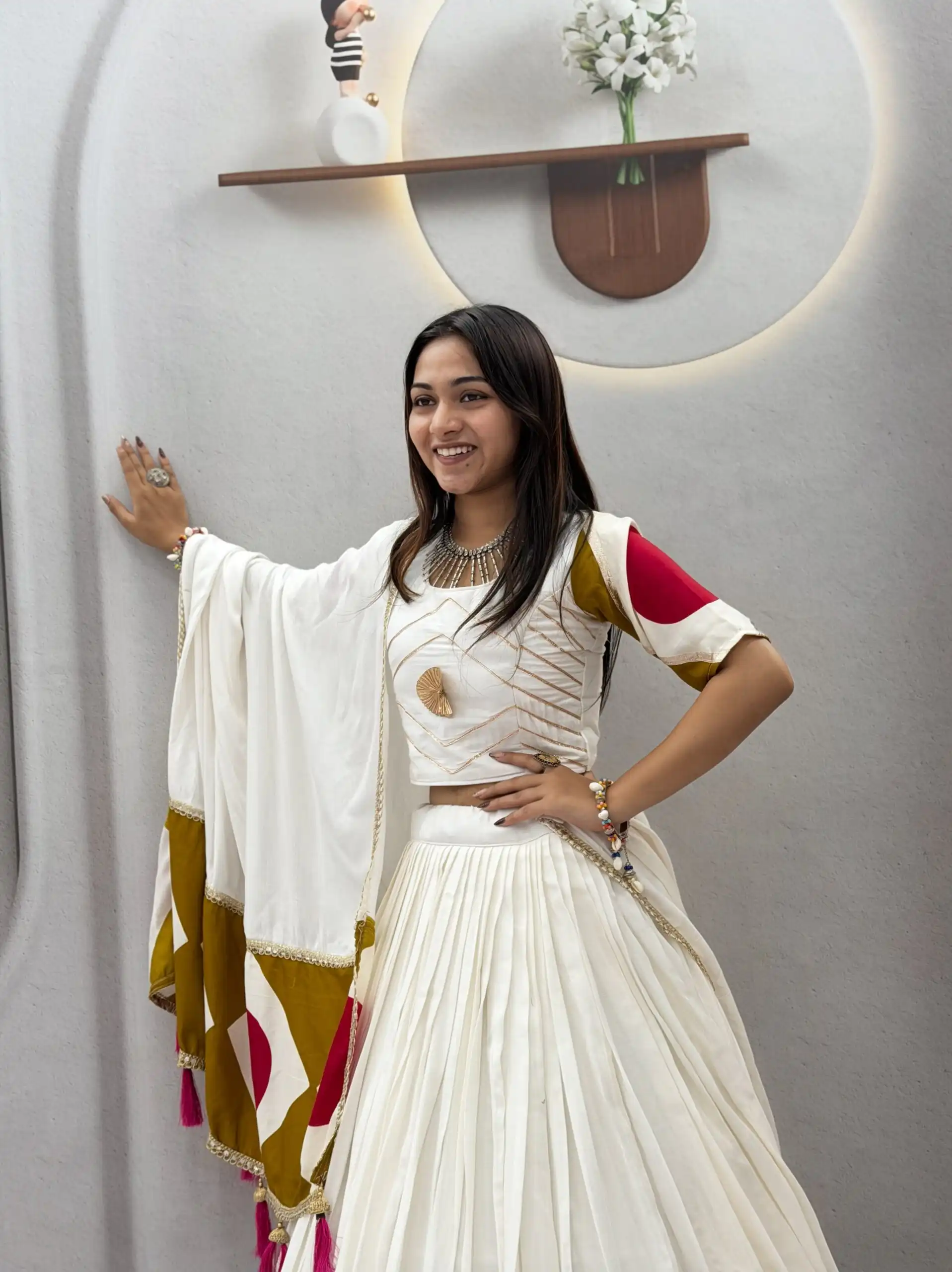 Ram 194 White in Pure Cotton Mirror Work & Gamthi Work Lehenga Choli . Exclusive Offer ₹3149. Delivery 4-6 Working Days. Shop now. | Lehenga, Bollywood Lehenga, Creative Lehenga, Designer Lehenga, Embroidered Lehenga, Party Wear Lehenga