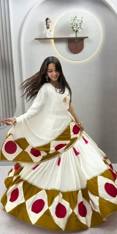 Ram 194 White in Pure Cotton Mirror Work & Gamthi Work Lehenga Choli . Exclusive Offer ₹3149. Delivery 4-6 Working Days. Shop now. | Lehenga, Bollywood Lehenga, Creative Lehenga, Designer Lehenga, Embroidered Lehenga, Party Wear Lehenga