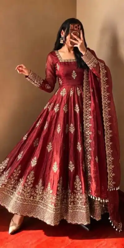 NSR 918 Maroon Fendy Silk Gown with Embroidery Work & Sequins Work. Special Price ₹2399. Delivery 4-6 Working Days. Shop now. | Gowns, Bollywood Gowns, Creative Gowns, Designer Gowns, Embroidered Gowns, Party Wear Gowns