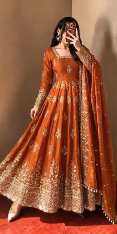 NSR 918 Orange Fendy Silk Gown with Embroidery Work & Sequins Work. Special Price ₹2399. Delivery 4-6 Working Days. Shop now. | Gowns, Bollywood Gowns, Creative Gowns, Designer Gowns, Embroidered Gowns, Party Wear Gowns