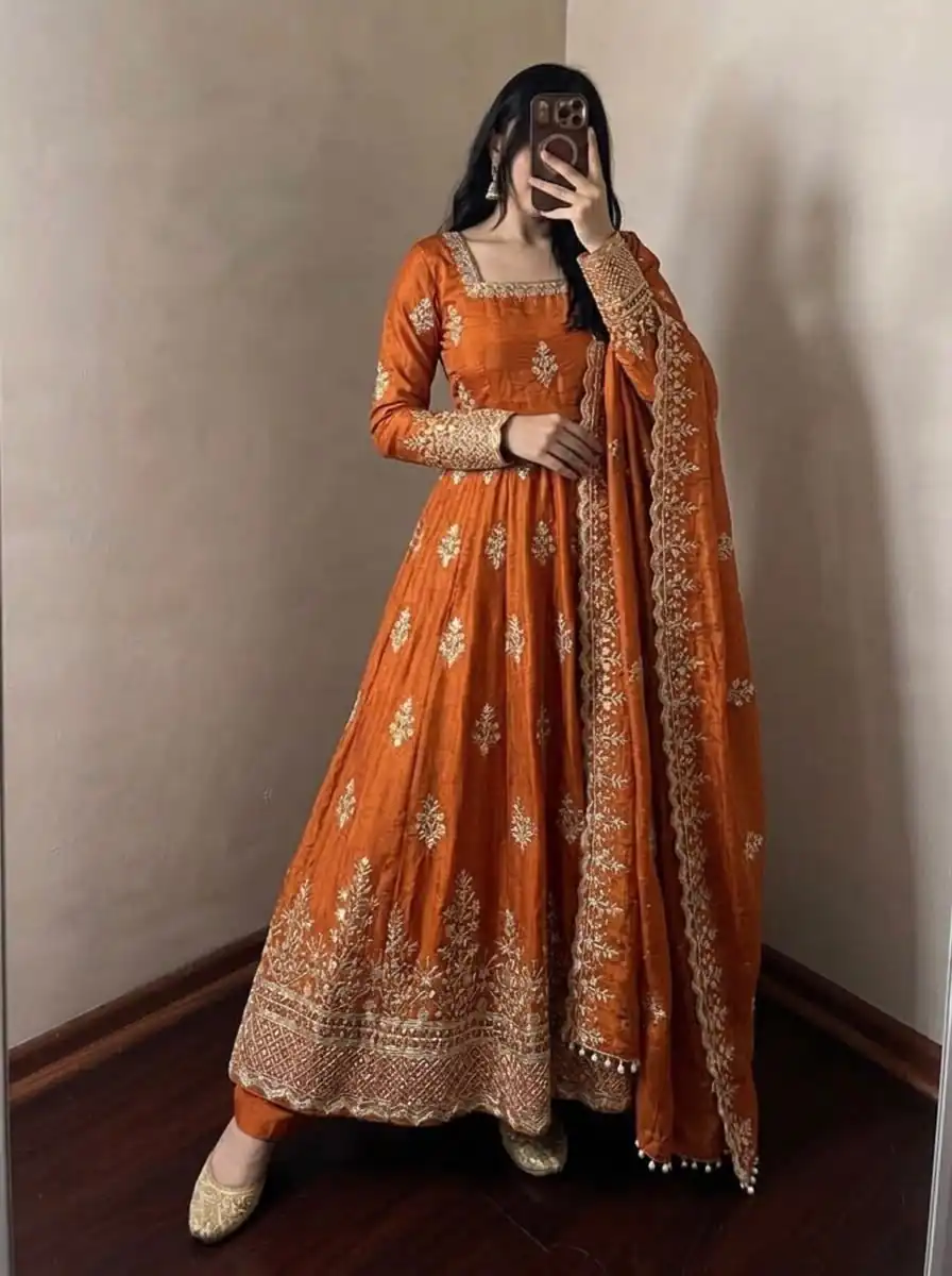 NSR 918 Orange Fendy Silk Gown with Embroidery Work & Sequins Work. Special Price ₹2399. Delivery 4-6 Working Days. Shop now. | Gowns, Bollywood Gowns, Creative Gowns, Designer Gowns, Embroidered Gowns, Party Wear Gowns