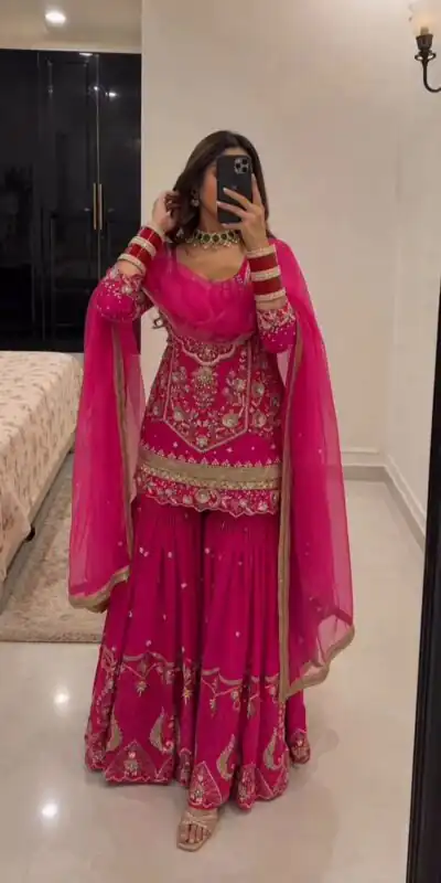 KF 1736 Pink Faux Georgette Salwar Suit with Mirror Work & Embroidery Work. Get it for ₹2449. Delivery 4-6 Working Days. Shop now. | Jump Suits, Salwar suit, Casual Suits, Creative suits, Designer Suits, Palazzo Suits, Party Wear Suits, Patiala Suits, Straight Suits